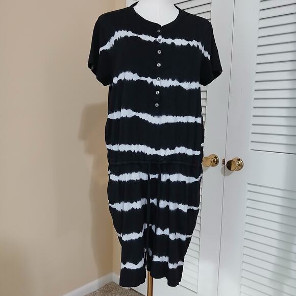 American Living XL black and white striped shorts romper 100% cotton drawstring - Picture 4 of 13